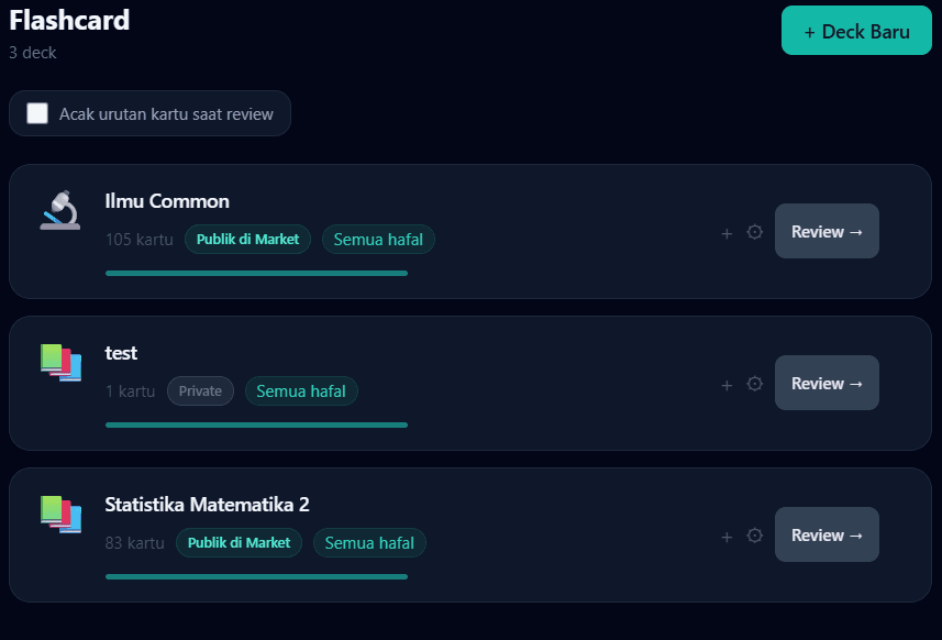 Flashcard page listing user decks with card counts and mastery status