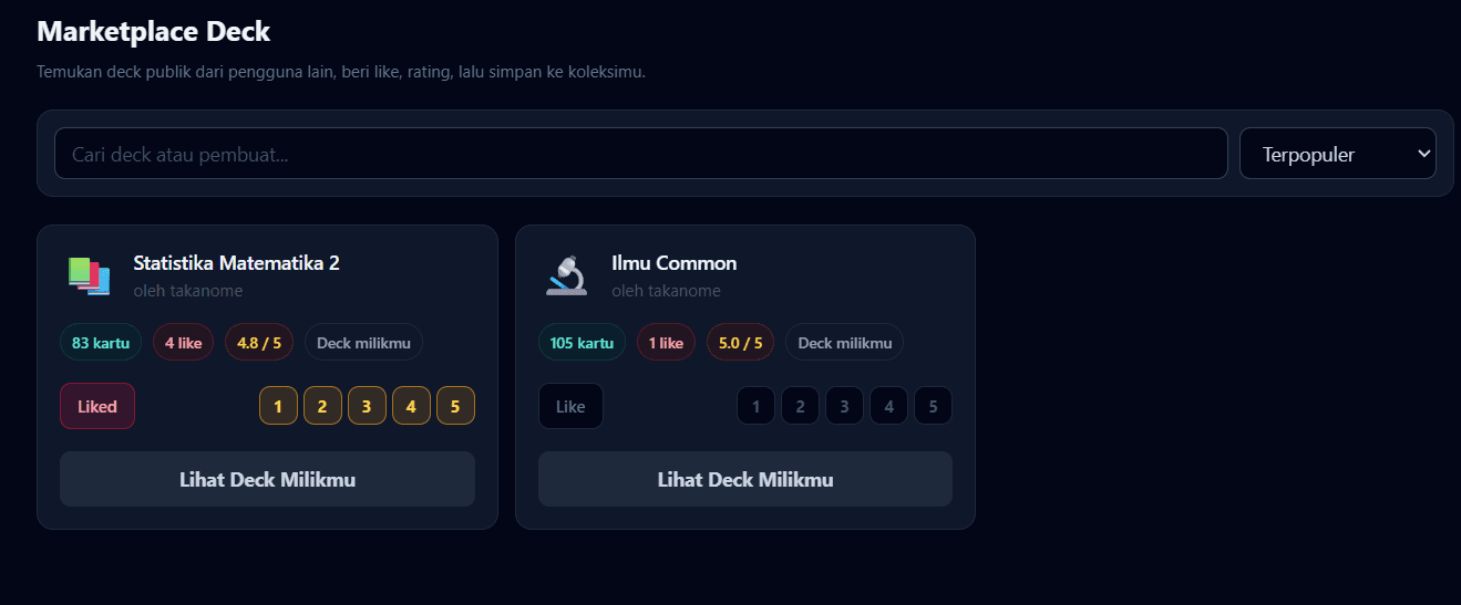 Marketplace Deck page showing public decks "Statistika Matematika 2" and "Ilmu Common" with card count, likes, and ratings