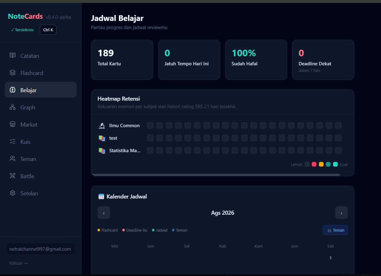 NoteCards study dashboard showing card statistics, a retention heatmap, and a study calendar